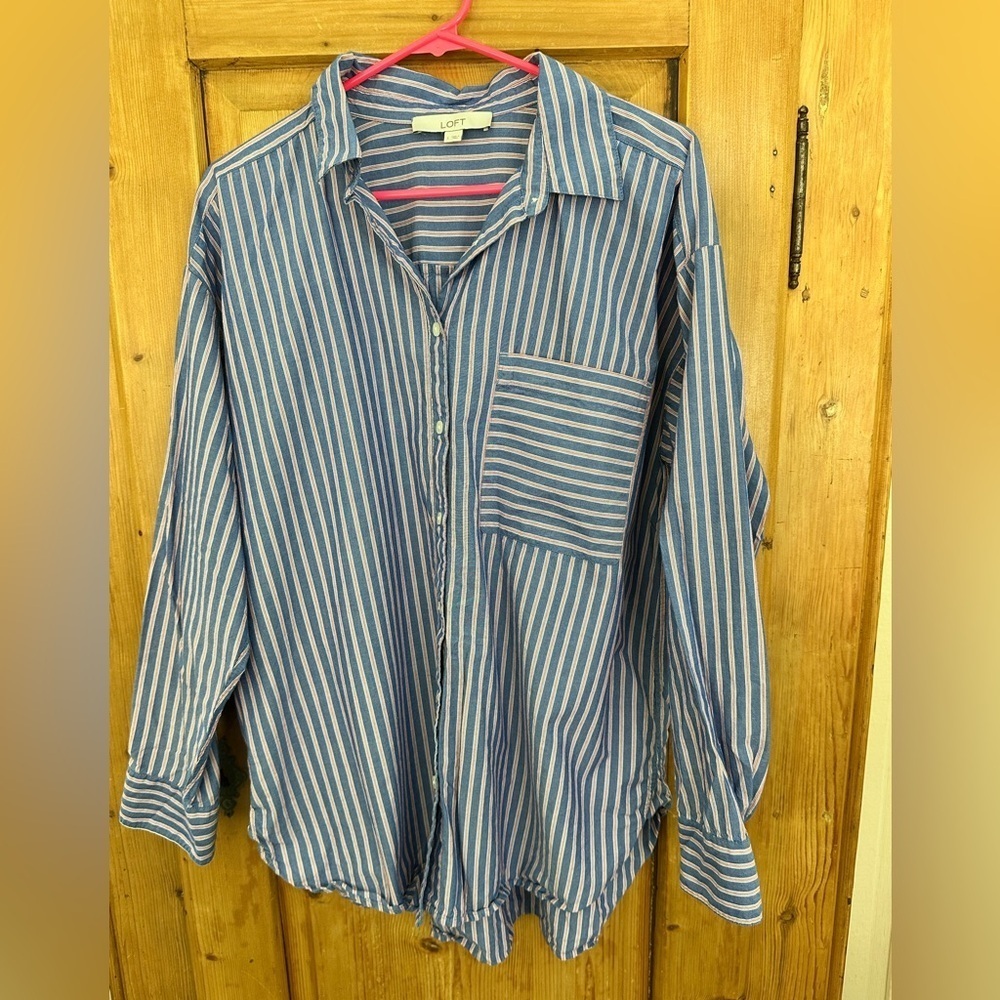 Loft Oversized Blue Red & White Button Down Top Long Sleeve size Large